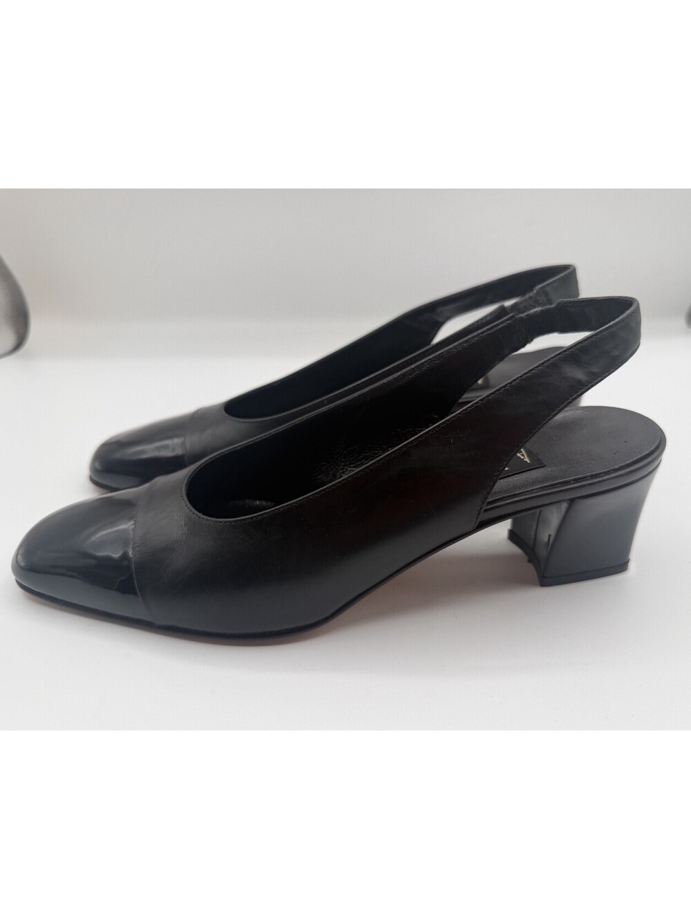 Amalfi Italy Vintage Black Leather Patent Cap Toe Slingback Pumps Heels Size 7.5